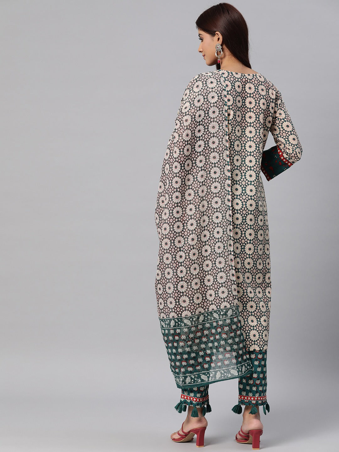 Floral Print Kurta Pant & Dupatta (Teal)