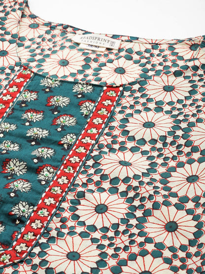 Floral Print Kurta Pant & Dupatta (Teal)