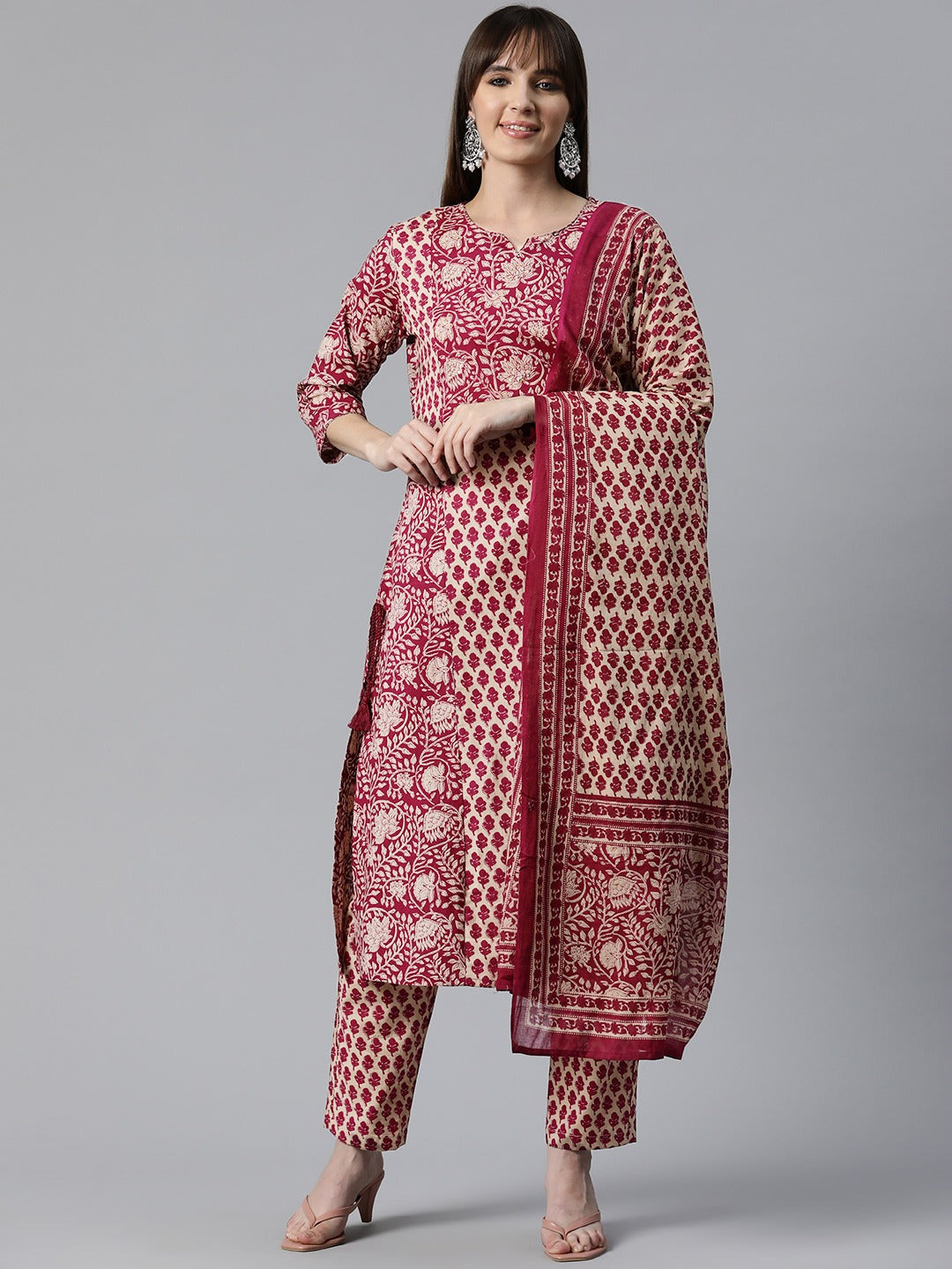 Floral Print Kurta Pant & Dupatta (Pink)