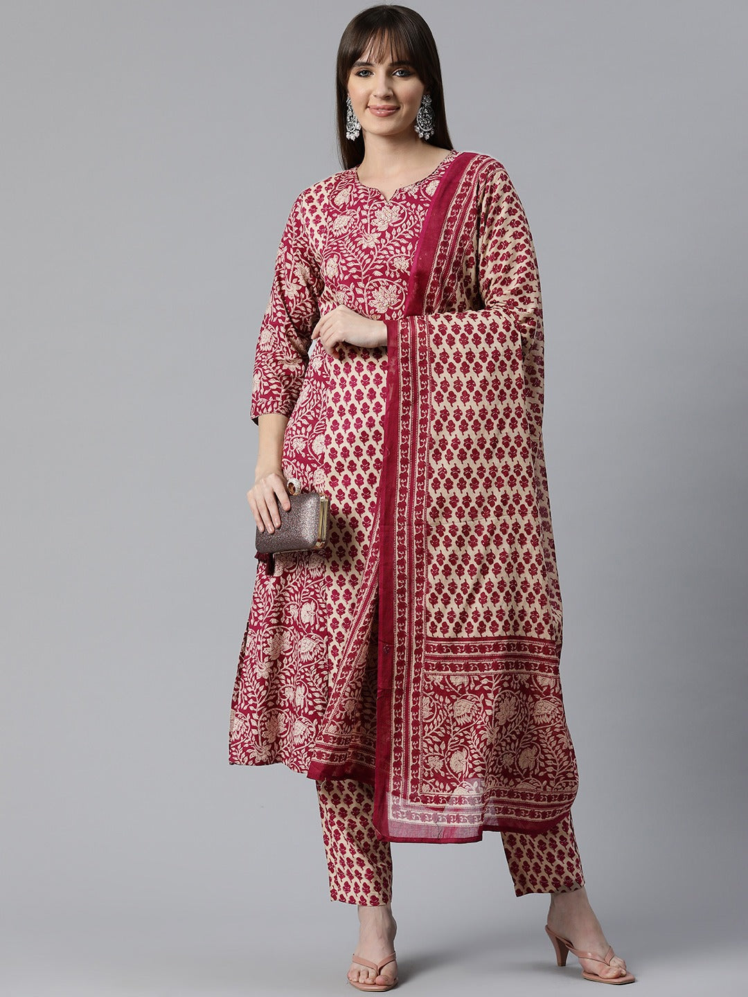 Floral Print Kurta Pant & Dupatta (Pink)