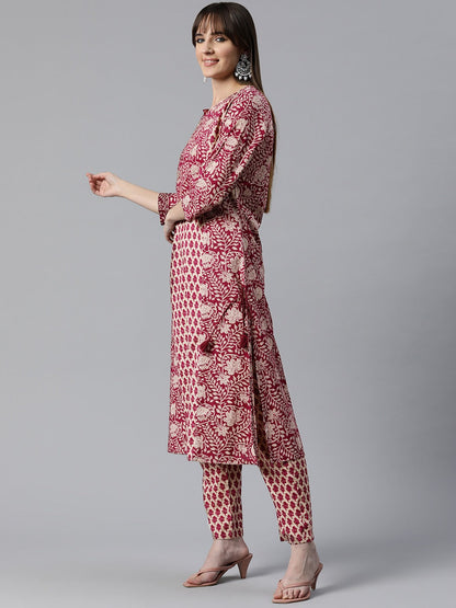 Floral Print Kurta Pant & Dupatta (Pink)