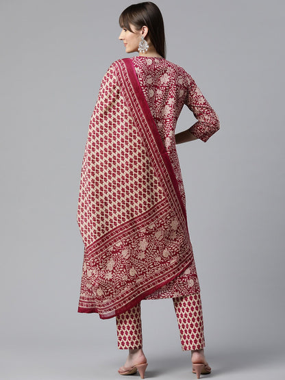 Floral Print Kurta Pant & Dupatta (Pink)