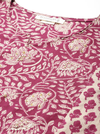 Floral Print Kurta Pant & Dupatta (Pink)