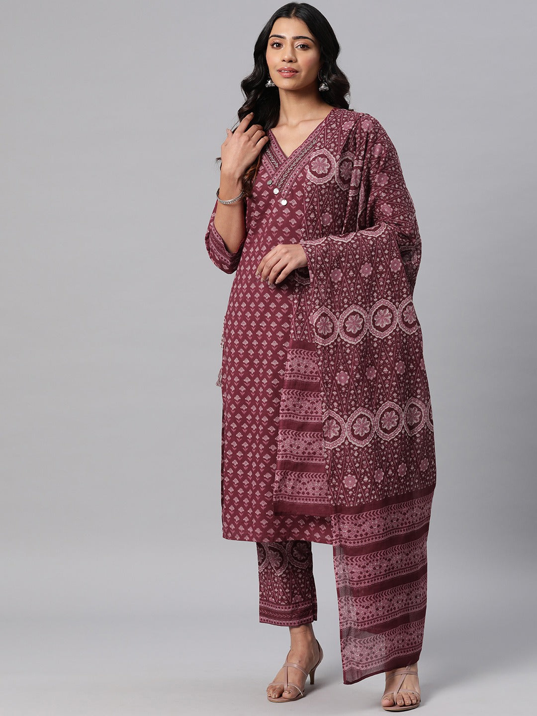 Cotton Printed Straight Kurta Palazzo Dupatta Set (Burgundy)