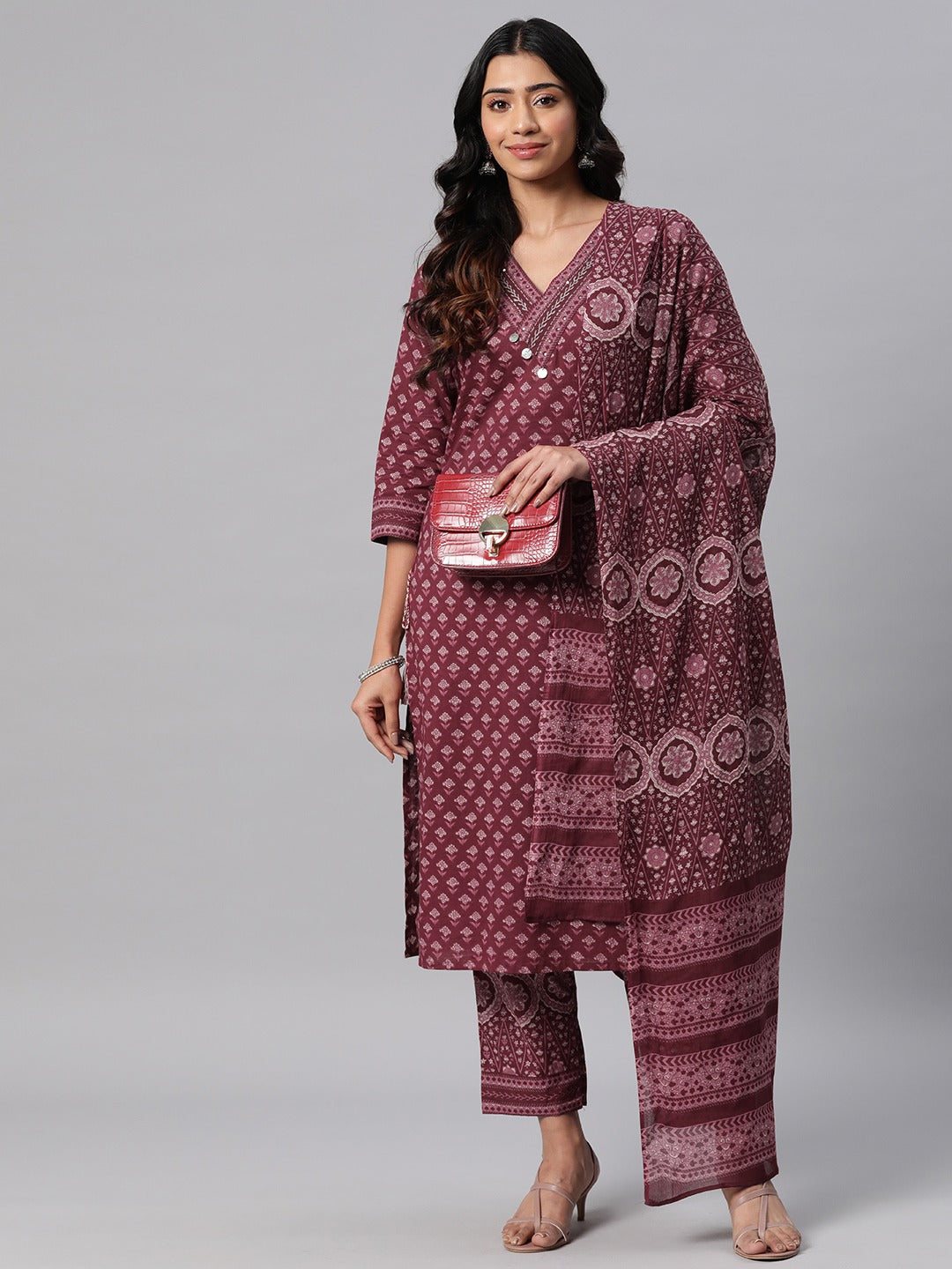 Cotton Printed Straight Kurta Palazzo Dupatta Set (Burgundy)