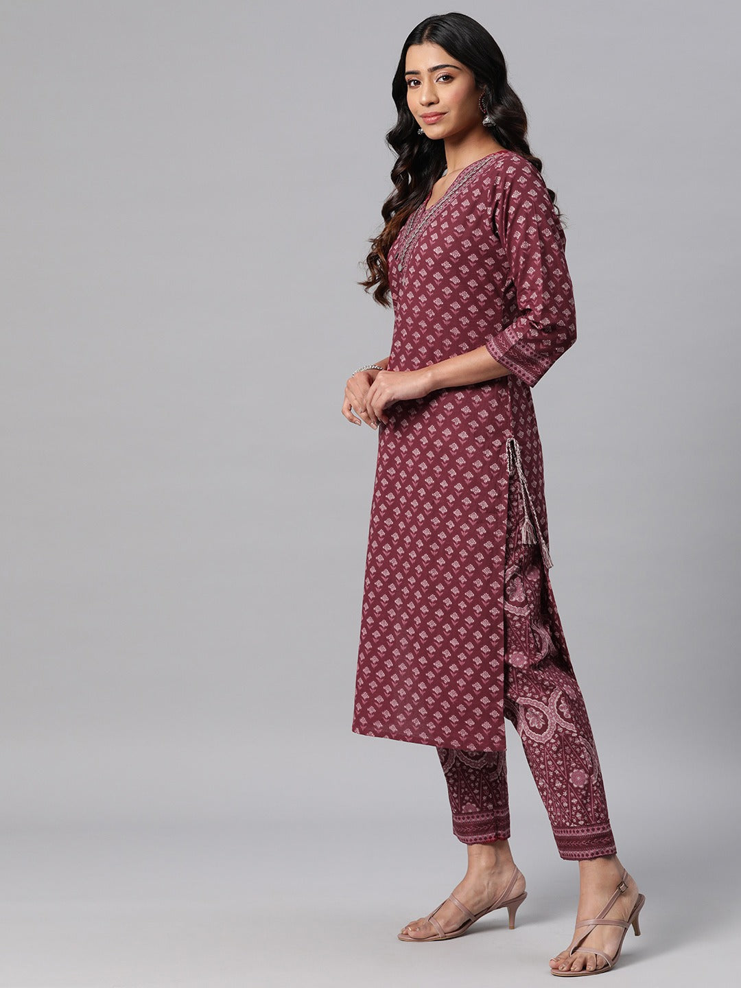 Cotton Printed Straight Kurta Palazzo Dupatta Set (Burgundy)