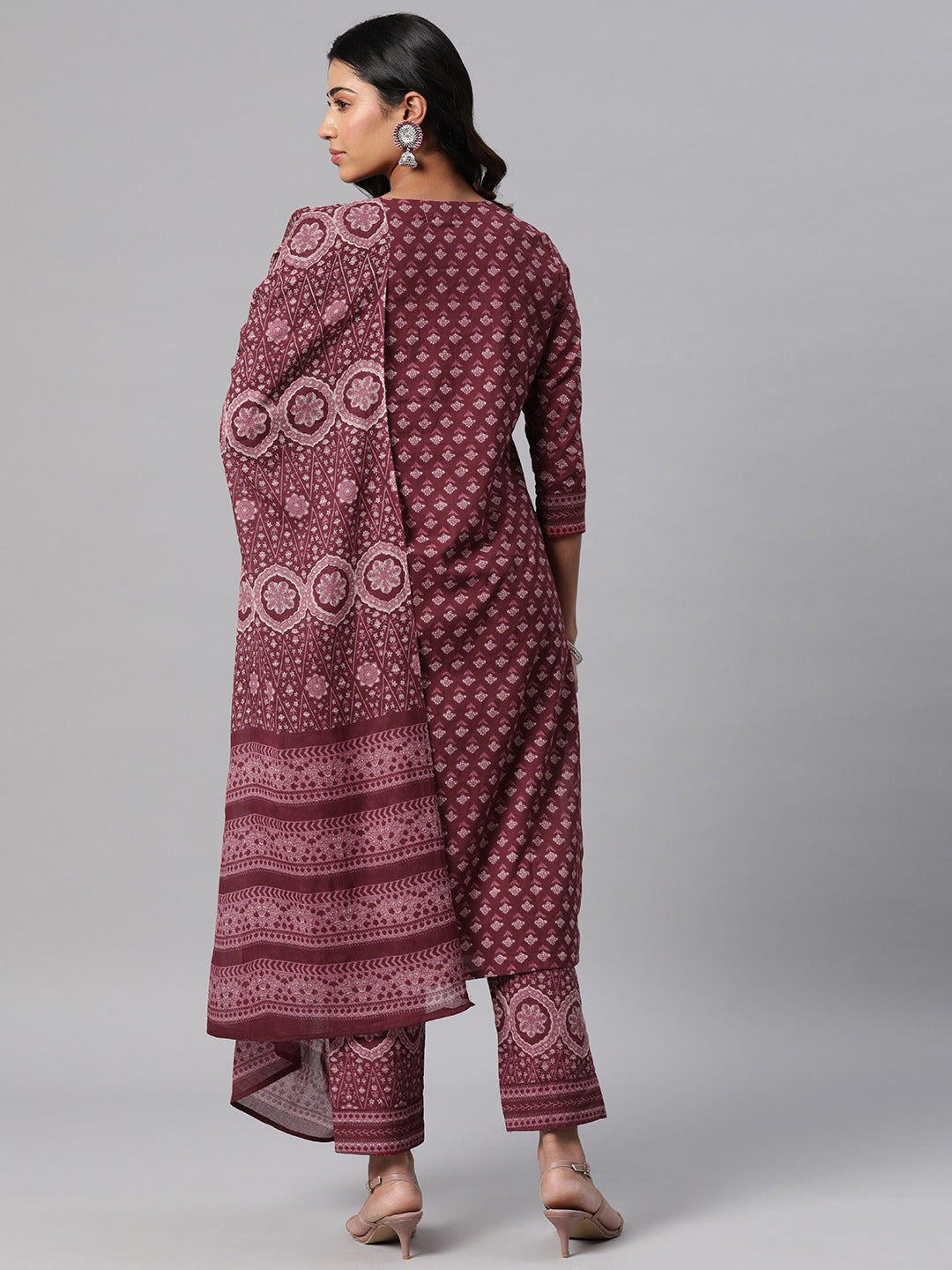 Cotton Printed Straight Kurta Palazzo Dupatta Set (Burgundy)