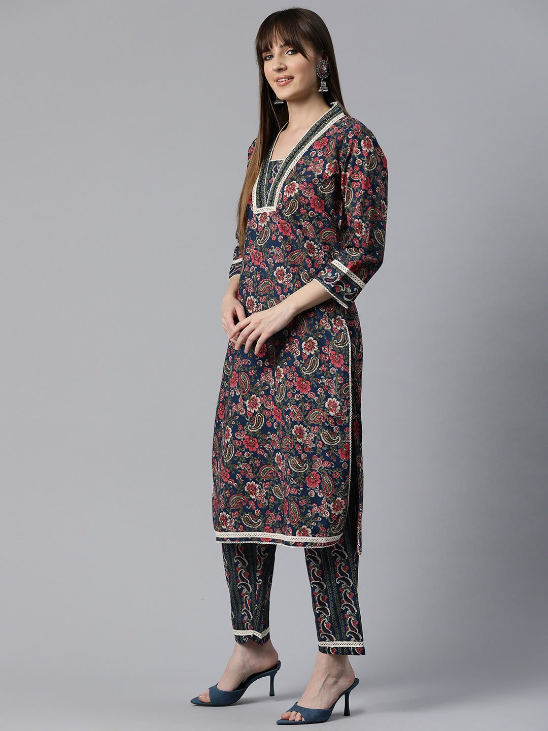 Floral Print Kurta Pant & Dupatta (Blue)