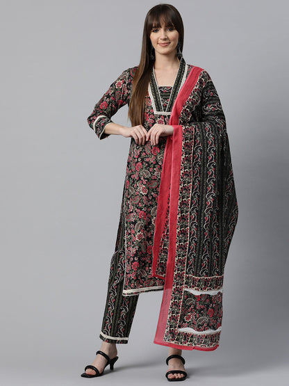 Floral Print Kurta Pant & Dupatta (Black)