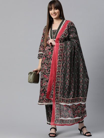 Floral Print Kurta Pant & Dupatta (Black)