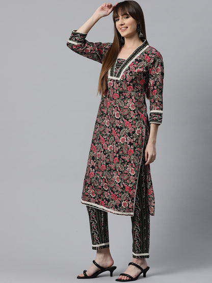 Floral Print Kurta Pant & Dupatta (Black)