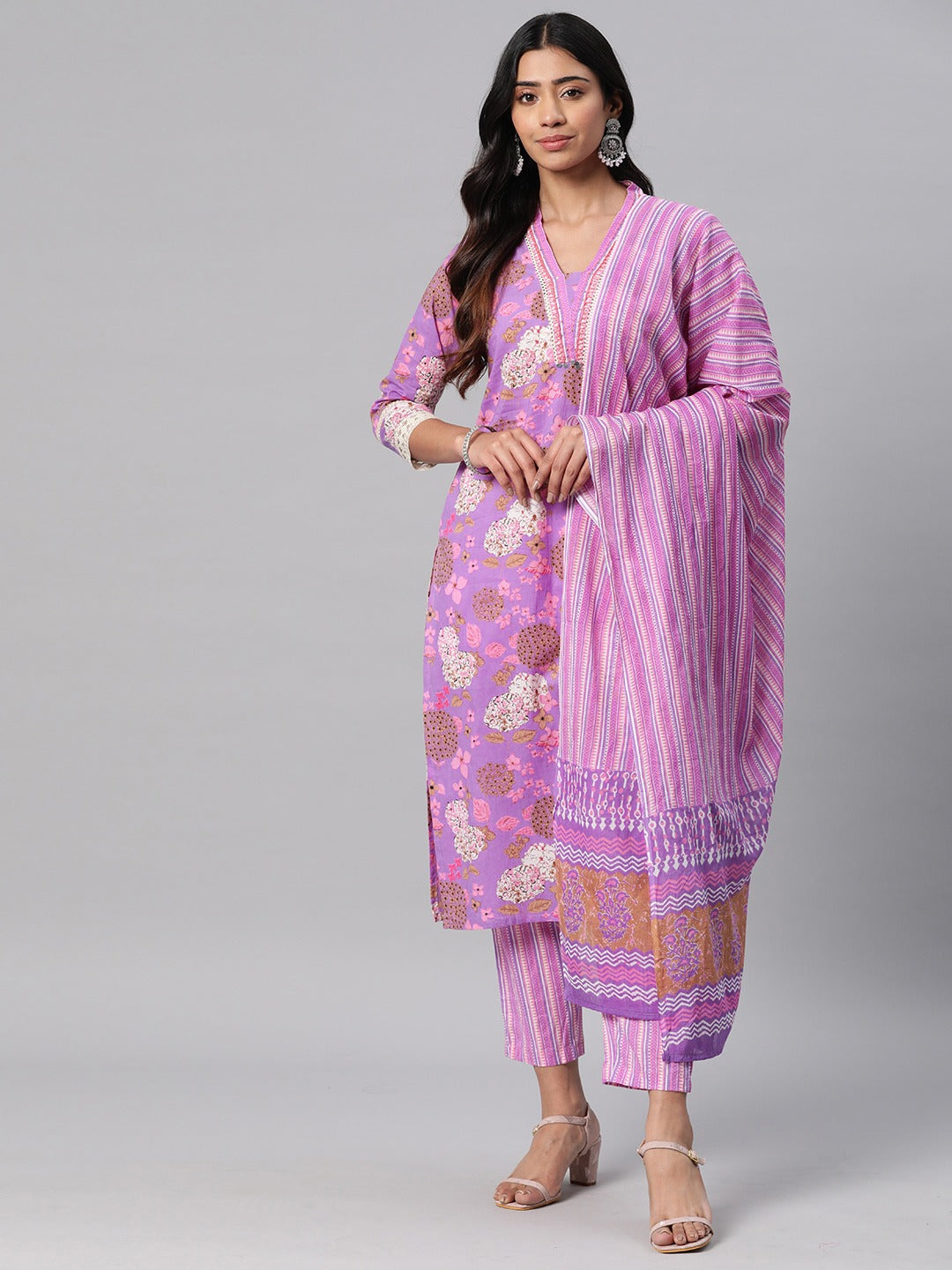 Floral Print Kurta Pant & Dupatta (Purple)