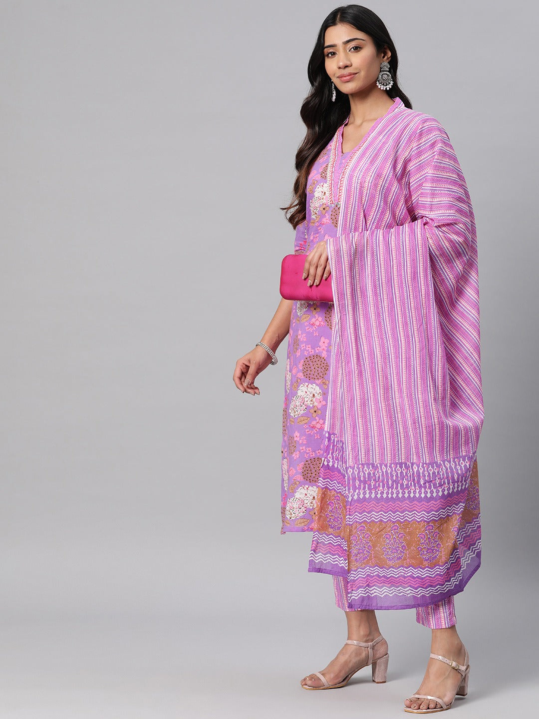 Floral Print Kurta Pant & Dupatta (Purple)