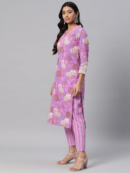 Floral Print Kurta Pant & Dupatta (Purple)