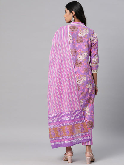 Floral Print Kurta Pant & Dupatta (Purple)