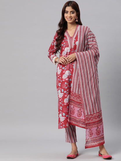 Cotton Printed Straight Kurta Pant Dupatta Set (Red)