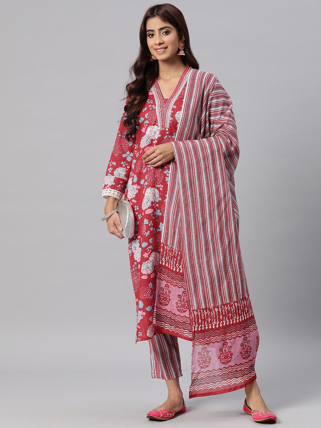 Cotton Printed Straight Kurta Pant Dupatta Set (Red)