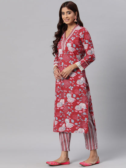 Cotton Printed Straight Kurta Pant Dupatta Set (Red)