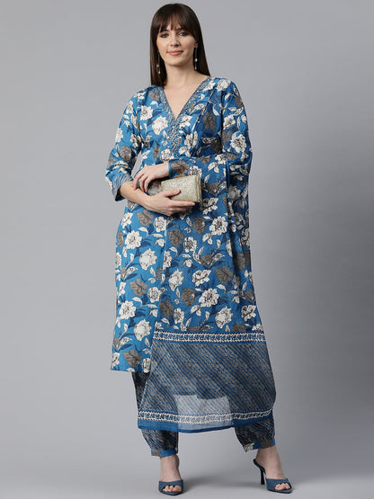 Floral Print Kurta Patiala & Dupatta (Blue)