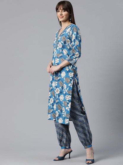 Floral Print Kurta Patiala & Dupatta (Blue)