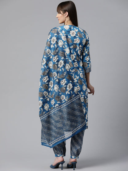 Floral Print Kurta Patiala & Dupatta (Blue)