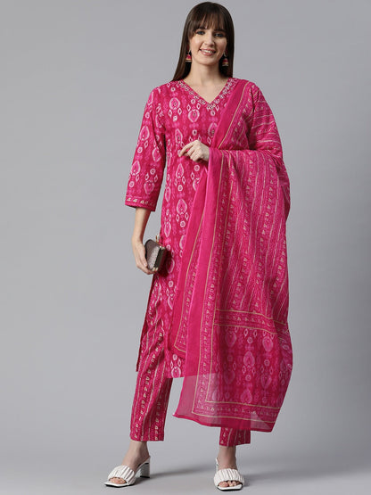 Printed Kurta Pant & Dupatta (Magenta)