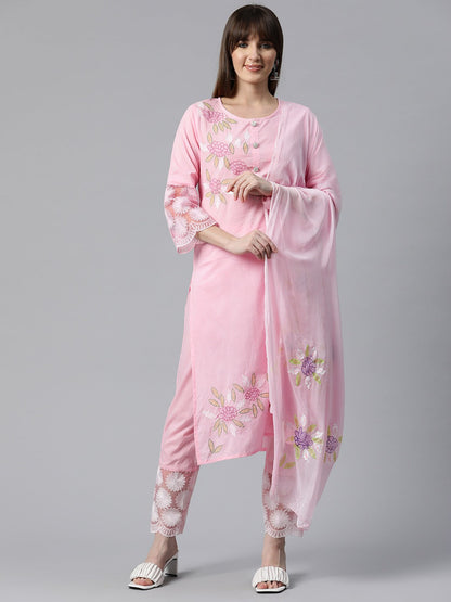 Embroidered Kurta Pant & Dupatta (Pink)