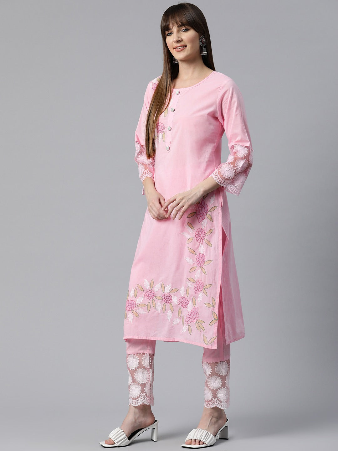 Embroidered Kurta Pant & Dupatta (Pink)