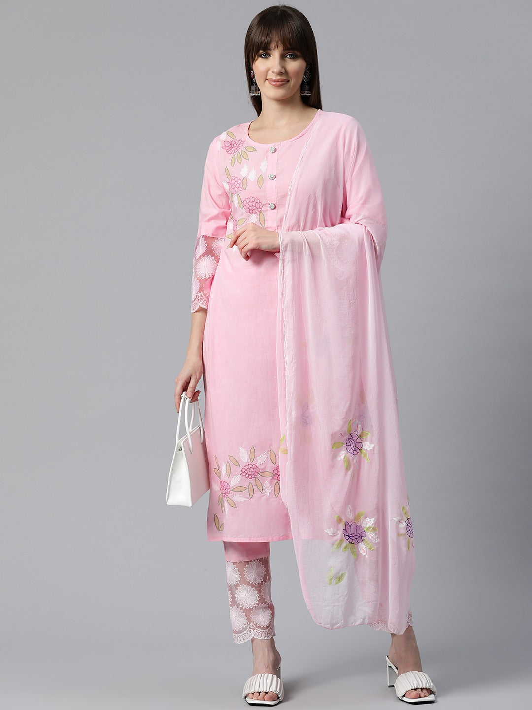 Embroidered Kurta Pant & Dupatta (Pink)