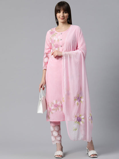 Embroidered Kurta Pant & Dupatta (Pink)