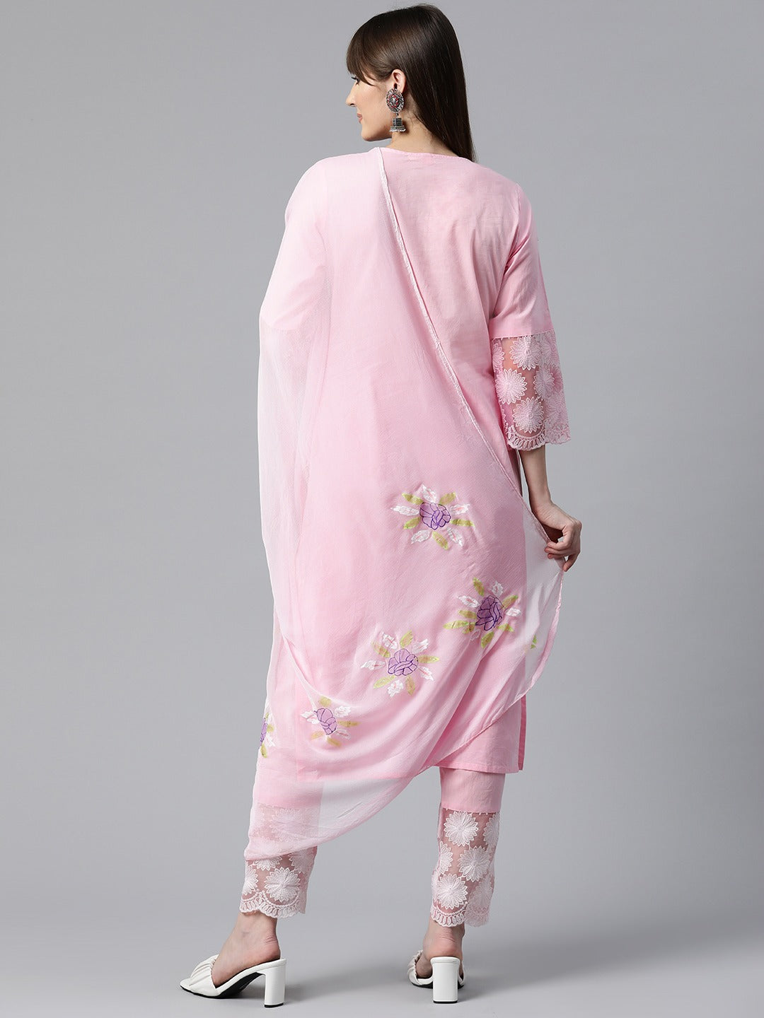 Embroidered Kurta Pant & Dupatta (Pink)