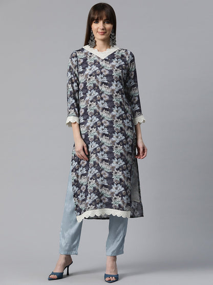 Floral Print Kurta & Pant (Black)