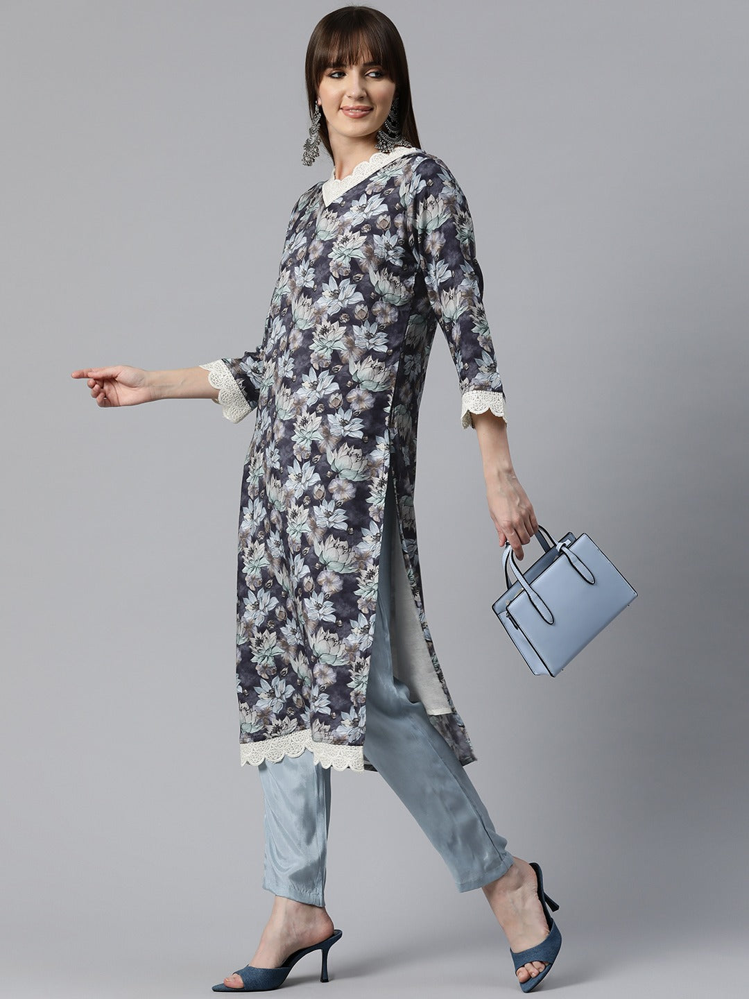 Floral Print Kurta & Pant (Black)