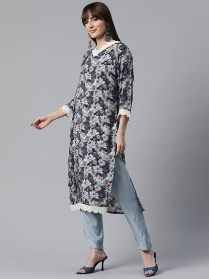 Floral Print Kurta & Pant (Black)