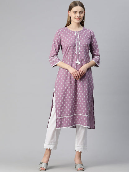 Straight Style Cotton Fabric Purple Color Printed Kurti With Palazzo