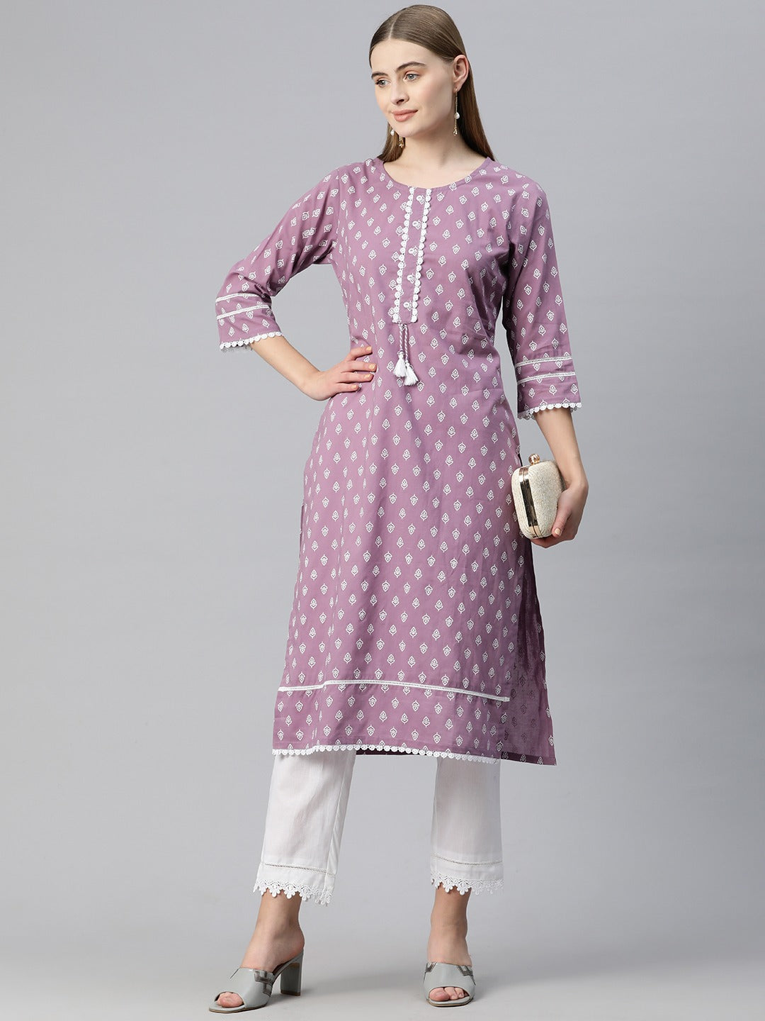 Straight Style Cotton Fabric Purple Color Printed Kurti With Palazzo