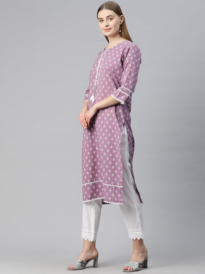 Straight Style Cotton Fabric Purple Color Printed Kurti With Palazzo