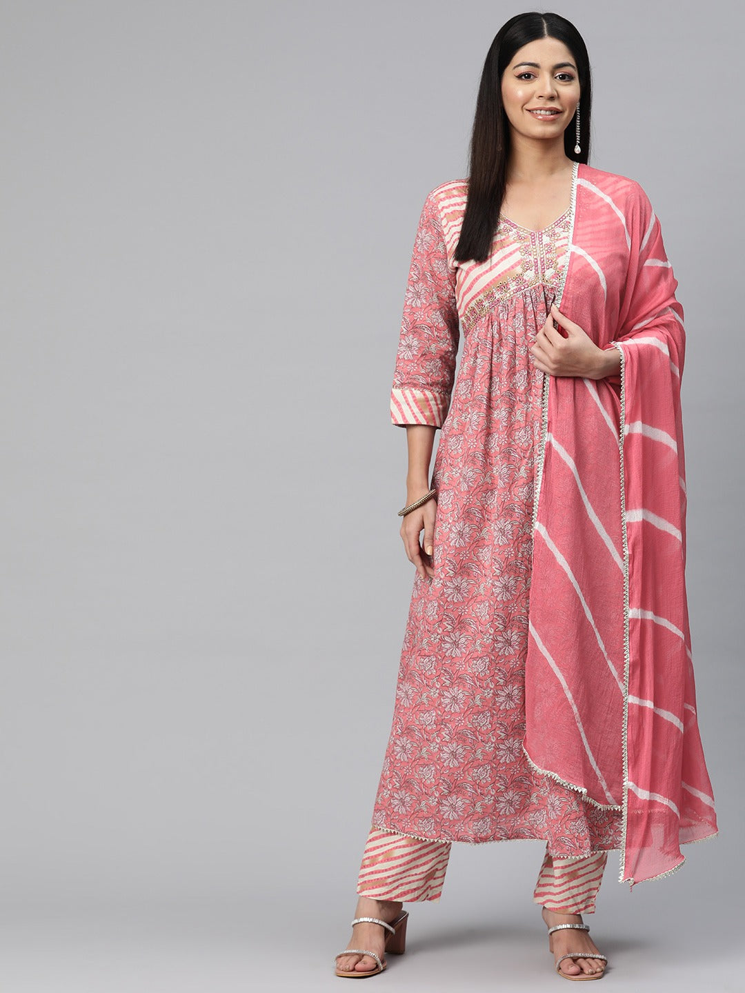 Anarkali Style Cotton Fabric Peach Color Floral Printed Kurti With Palazzo And Dupatta With Gotta Lace Work