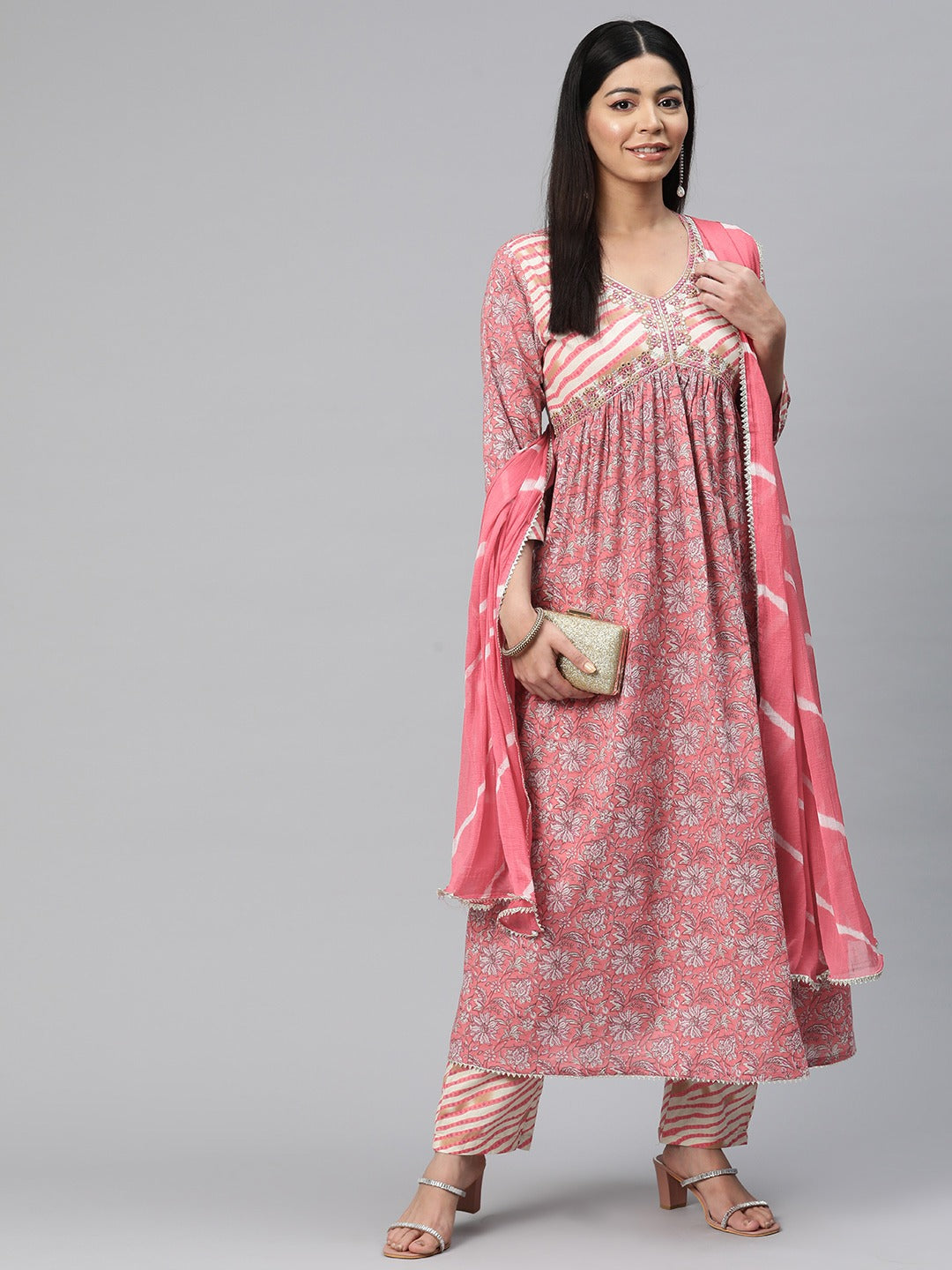 Anarkali Style Cotton Fabric Peach Color Floral Printed Kurti With Palazzo And Dupatta With Gotta Lace Work