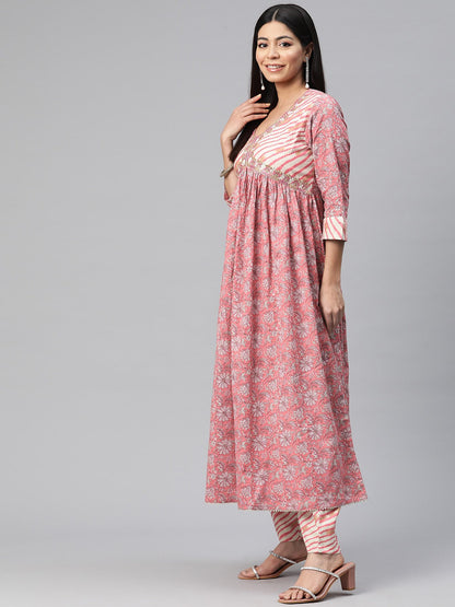 Anarkali Style Cotton Fabric Peach Color Floral Printed Kurti With Palazzo And Dupatta With Gotta Lace Work