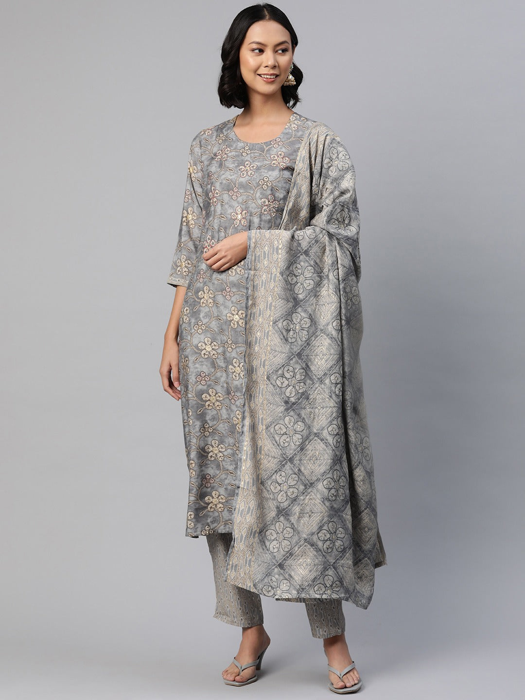 Straight Style Silk Fabric Grey Color Printed Kurti With Palazzo And Dupatta