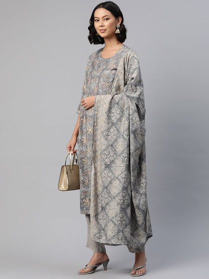 Straight Style Silk Fabric Grey Color Printed Kurti With Palazzo And Dupatta