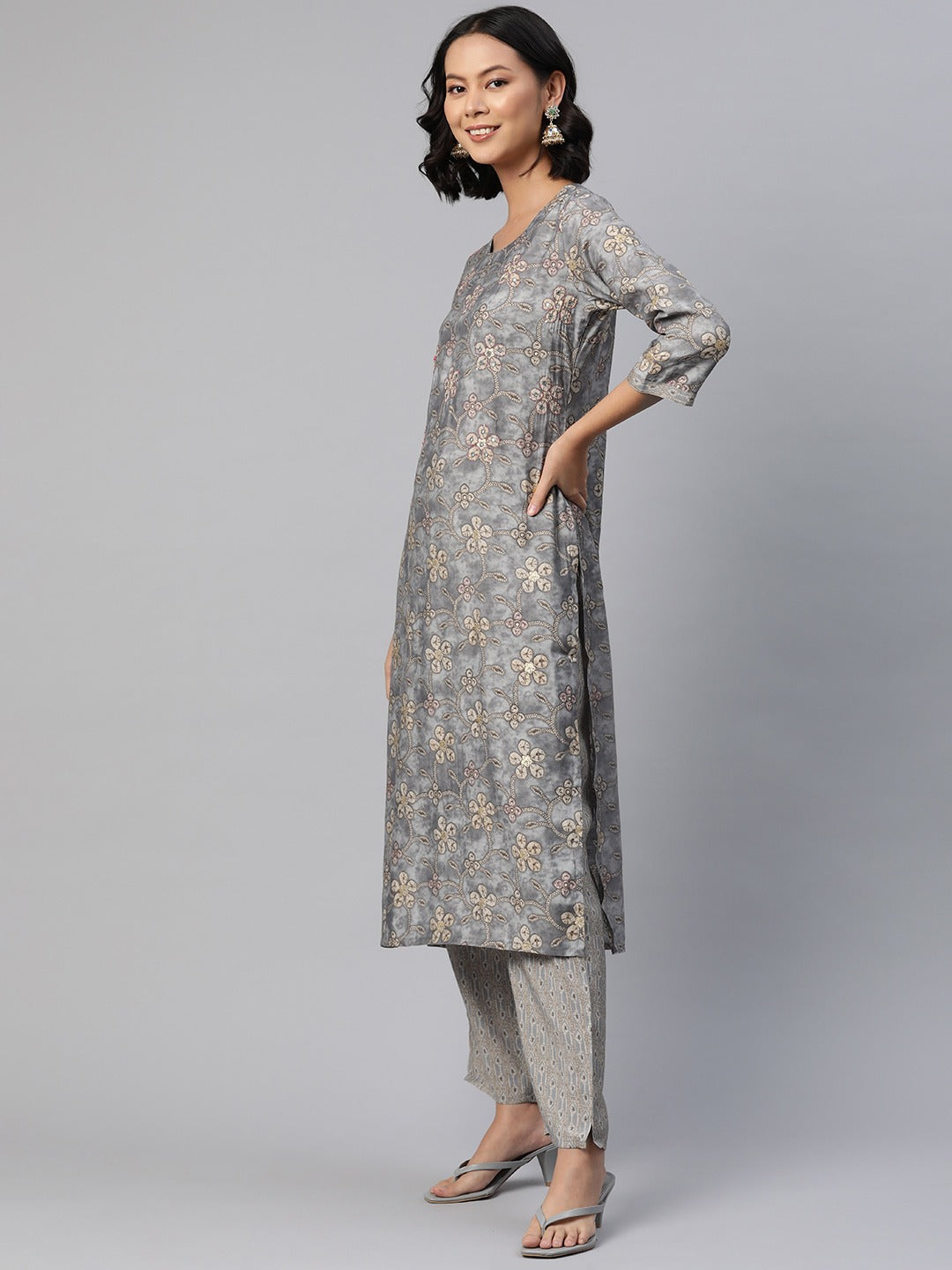 Straight Style Silk Fabric Grey Color Printed Kurti With Palazzo And Dupatta