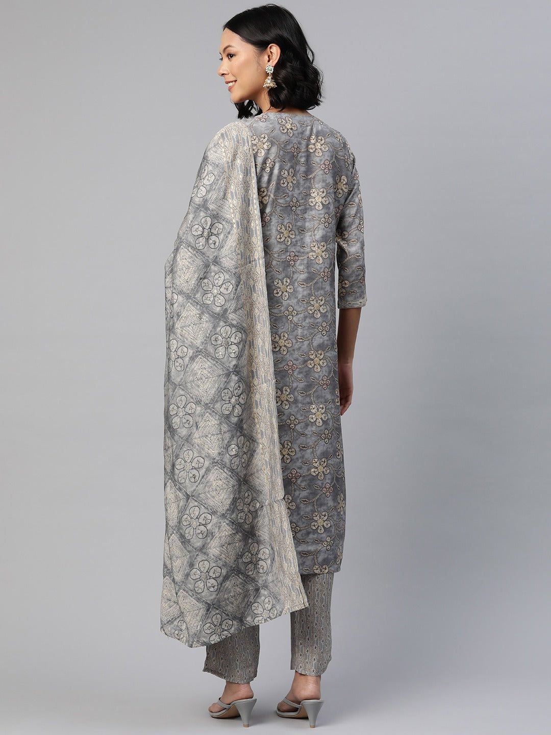 Straight Style Silk Fabric Grey Color Printed Kurti With Palazzo And Dupatta