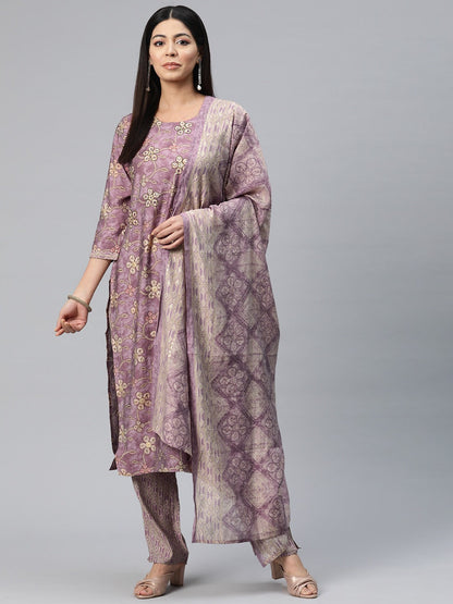 Straight Style Silk Fabric Mauve Color Printed Kurti With Palazzo And Dupatta With Printed Work