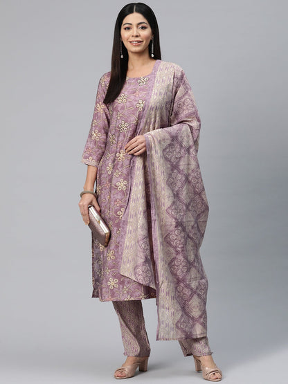 Straight Style Silk Fabric Mauve Color Printed Kurti With Palazzo And Dupatta With Printed Work