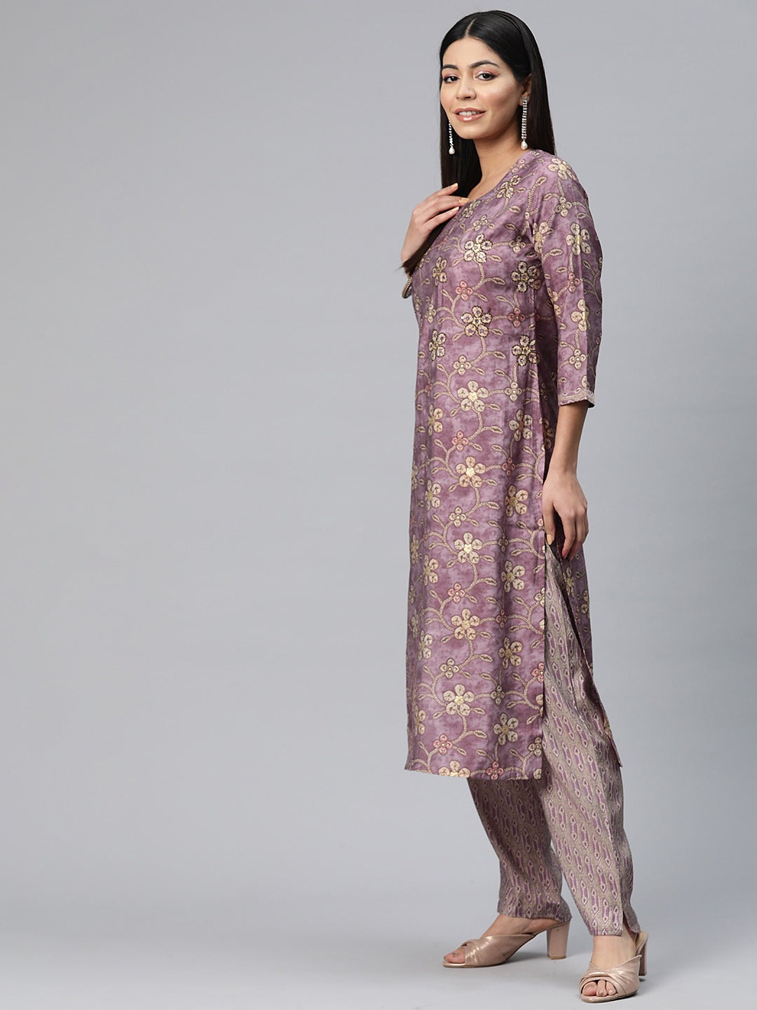 Straight Style Silk Fabric Mauve Color Printed Kurti With Palazzo And Dupatta With Printed Work