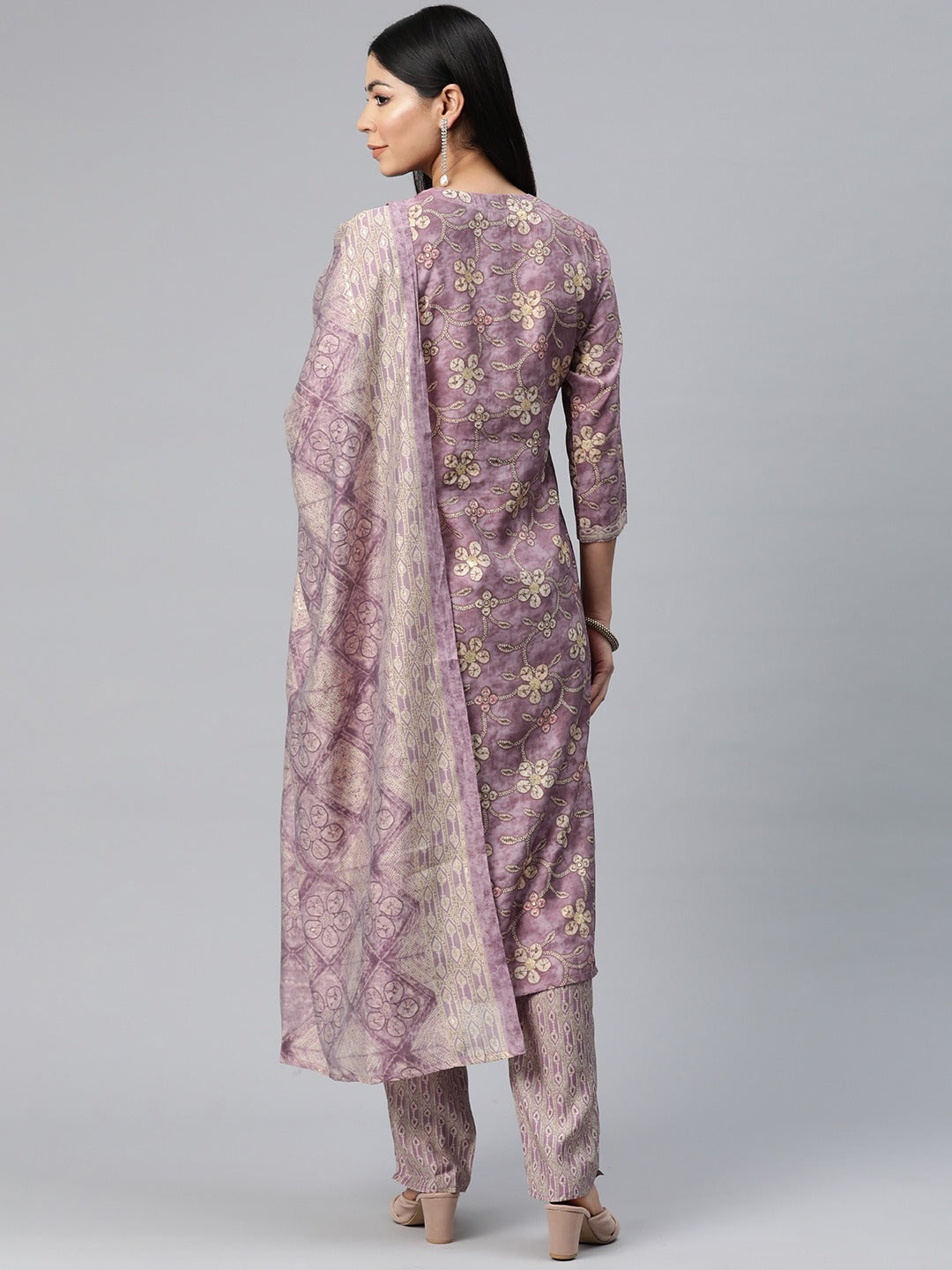 Straight Style Silk Fabric Mauve Color Printed Kurti With Palazzo And Dupatta With Printed Work