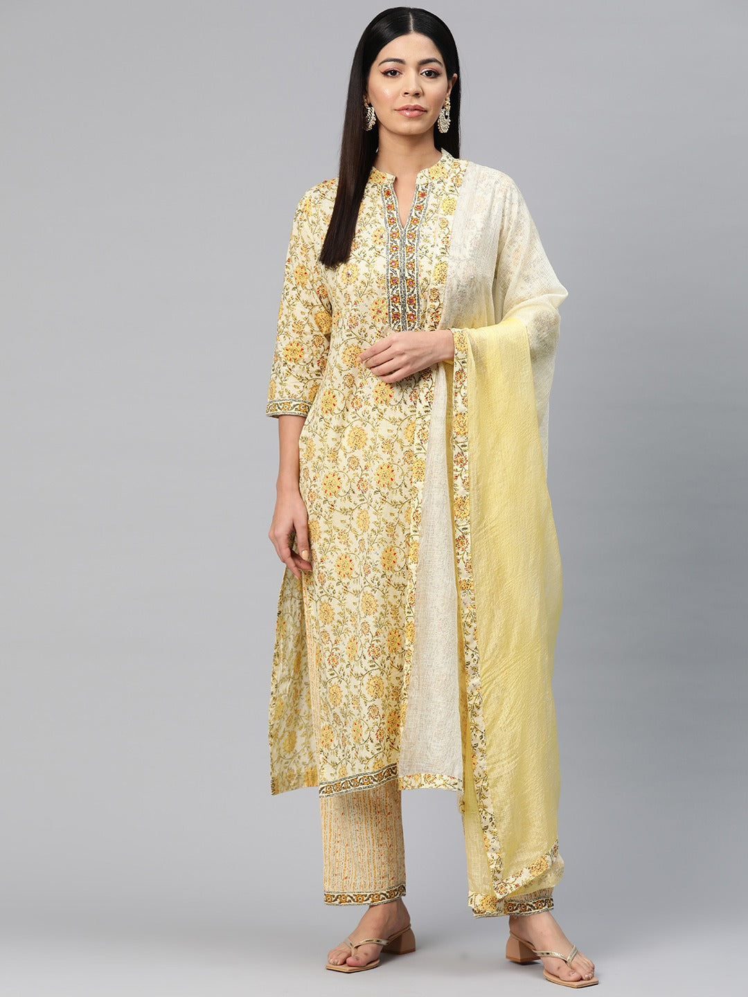 Straight Style Cotton Fabric Cream Color Printed Kurti With Palazzo And Dupatta With Lace Work