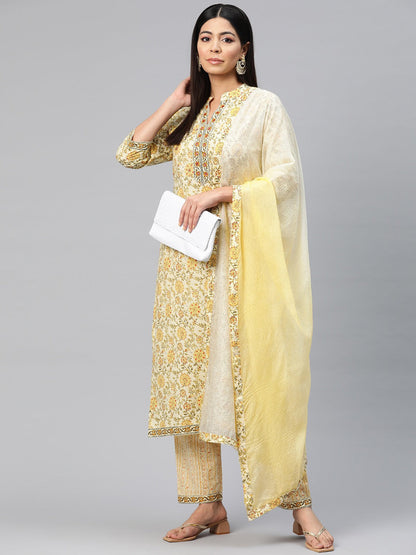 Straight Style Cotton Fabric Cream Color Printed Kurti With Palazzo And Dupatta With Lace Work